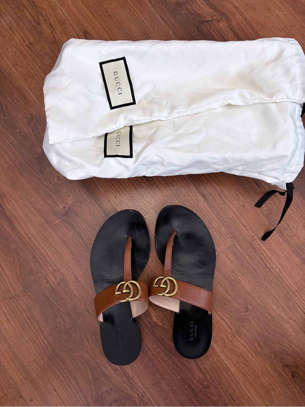 Gucci Brown Leather Double G Thong Sandals with Gold Hardware